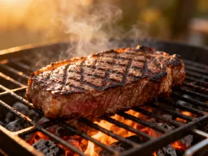 Soczysty stek ribeye z pieczonym czosnkiem i rozmarynem na drewnianej desce, gotowy do podania.