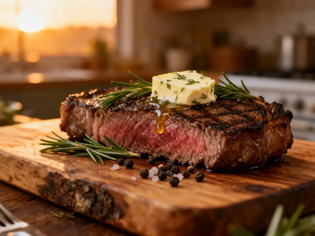 Soczysty stek wołowy medium-rare z ziołowym masłem na drewnianej desce, gotowy do podania.