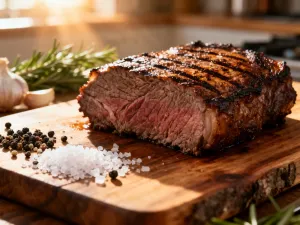 Soczysty stek ribeye z rozmarynem i solą morską na drewnianej desce, obok nowoczesny air fryer.
