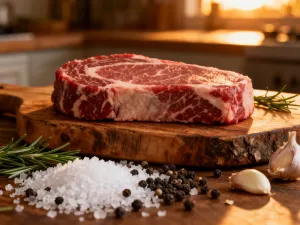 Soczysty stek ribeye z rozmarynem i czosnkiem na drewnianej desce, gotowy do podania.