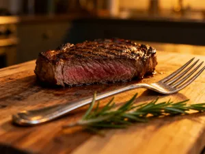 Soczysty stek ribeye z wyraźnymi śladami grillowania i gałązką rozmarynu na drewnianej desce w promieniach zachodzącego słońca.