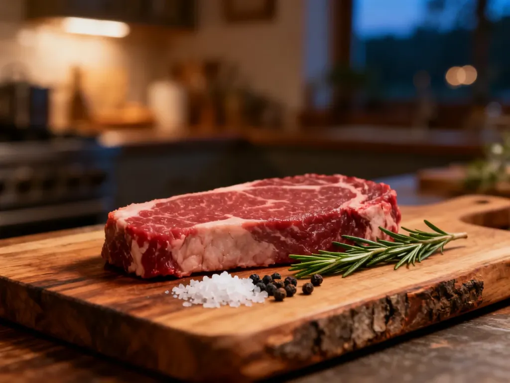 Surowy stek typu flat iron na drewnianej desce z rozmarynem, solą i pieprzem, przygotowany do smażenia.