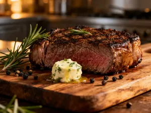 Soczysty stek wołowy medium-rare z ziołowym masłem na drewnianej desce, gotowy do podania.