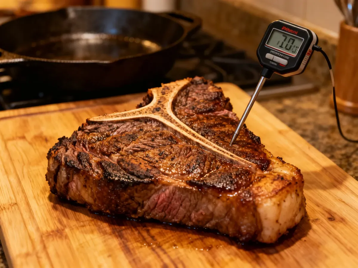Stek porterhouse odpoczywający na desce z termometrem mięsnym