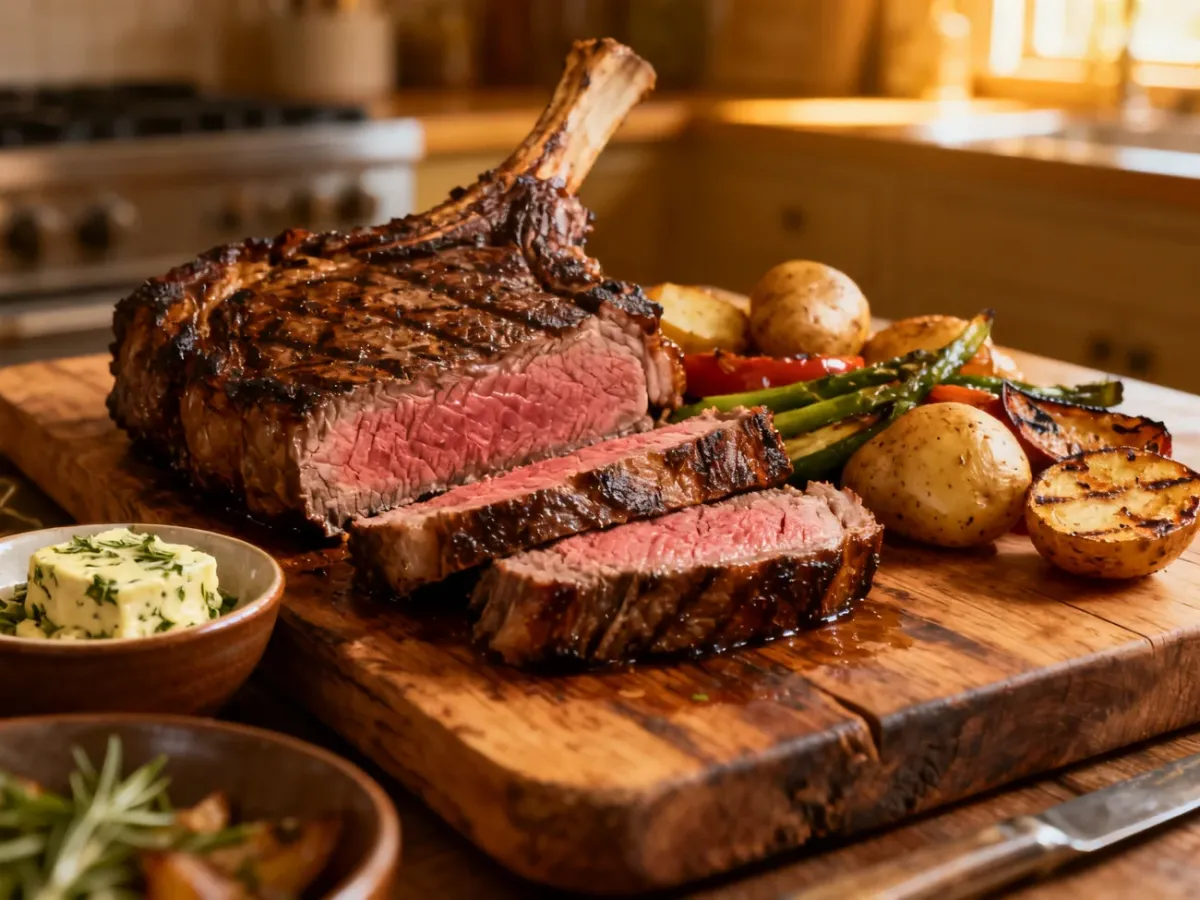 Pokrojony soczysty stek ribeye z rumianą skórką podany z dodatkami