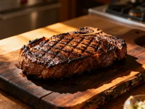 Soczysty stek ribeye smażony na żeliwnej patelni z masłem, czosnkiem i rozmarynem, podkreślający idealnie chrupiącą skórkę.