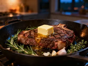Soczysty stek medium-rare na drewnianej desce, z wyraźnie różowym środkiem i przypieczoną skórką, posypany solą i rozmarynem.