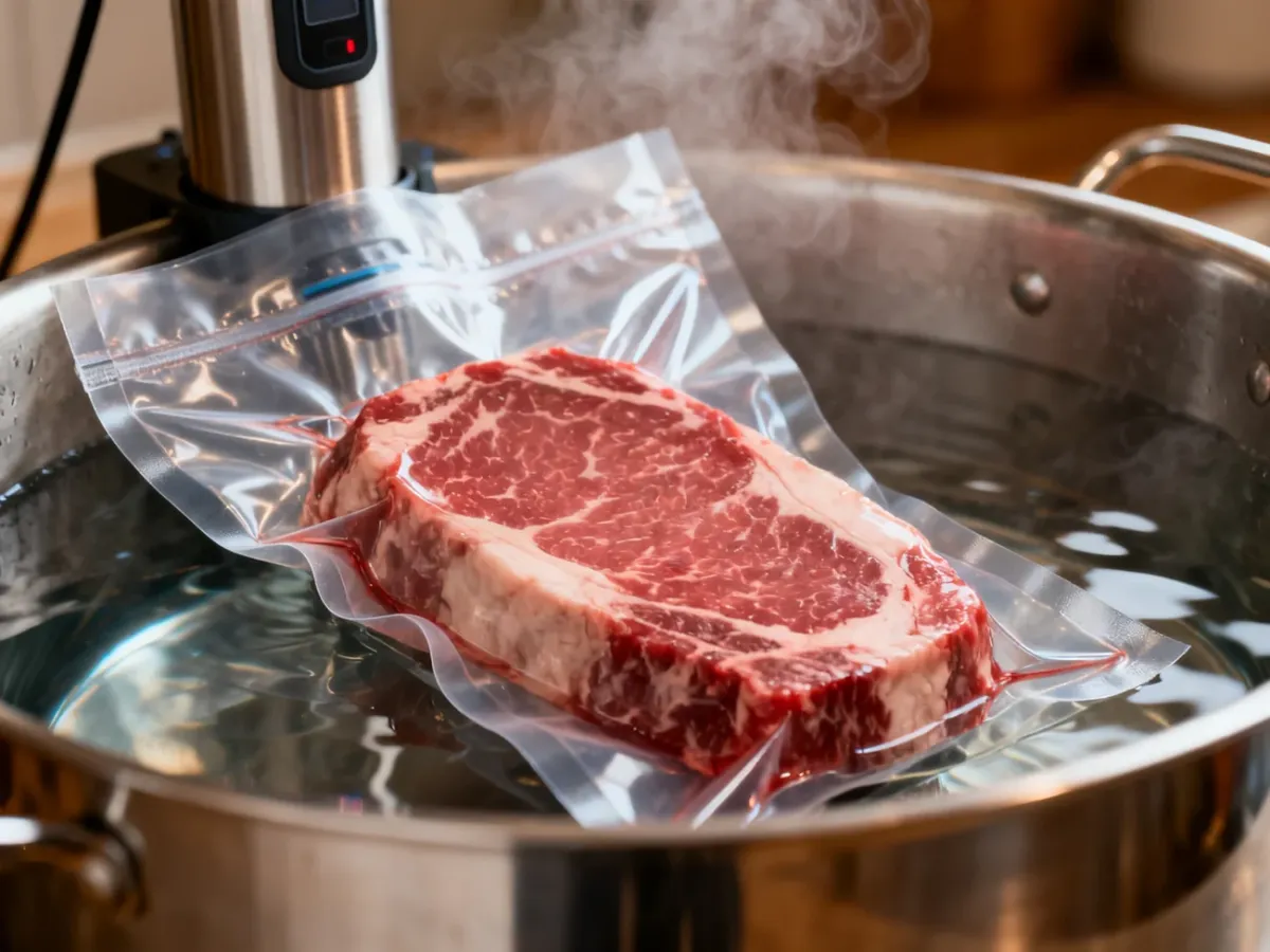 Stek w worku próżniowym zanurzony w kąpieli sous vide