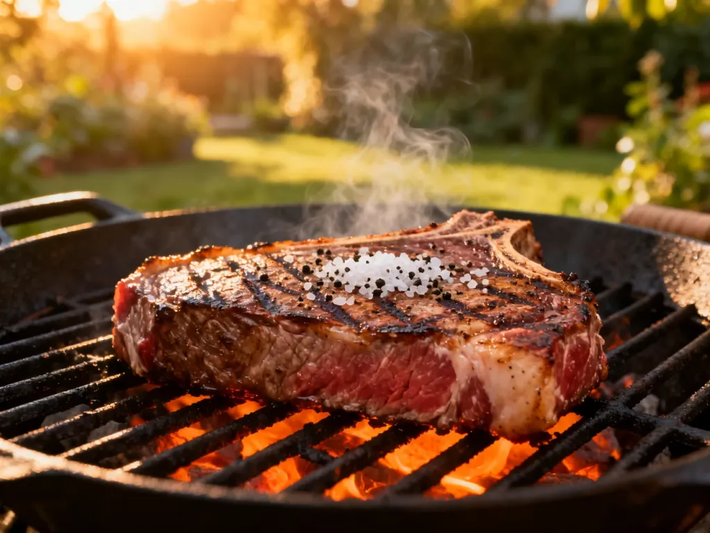 Soczysty stek ribeye z wyraźnymi śladami grillowania, pieczony na rozgrzanym ruszcie nad żarzącym się węglem.