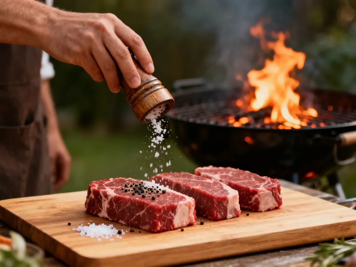 Gruby stek wołowy doprawiany przed grillowaniem, z rozgrzanym grillem w tle