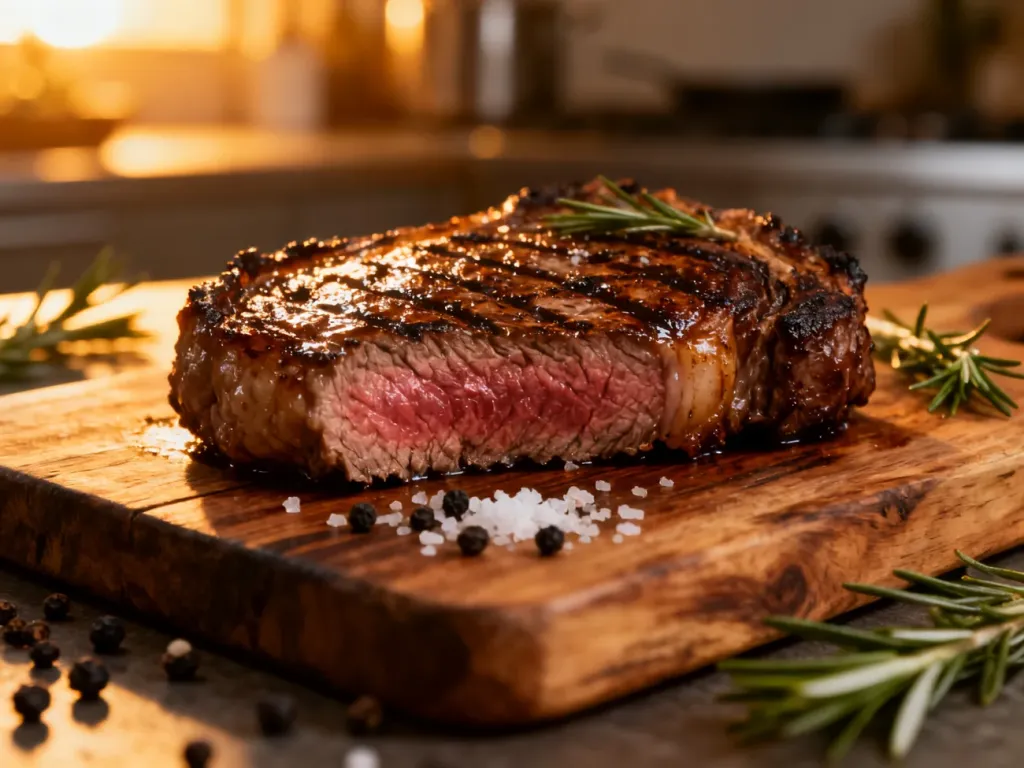 Soczysty stek ribeye z wyraźnymi śladami grillowania, podany na drewnianej desce z przyprawami.