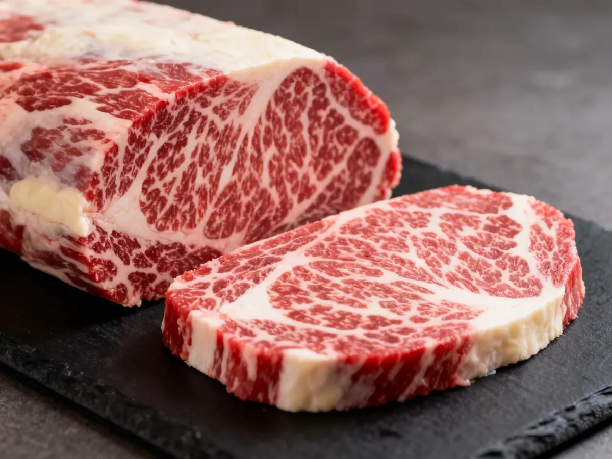 Zbliżenie na stek Wagyu o wyjątkowo gęstej marmurkowatości