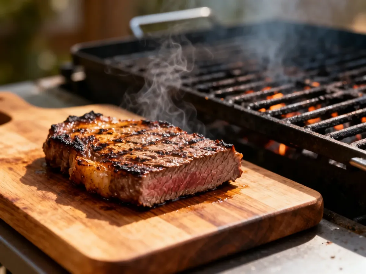 Cienki stek wołowy odpoczywający po grillowaniu obok gorącego rusztu