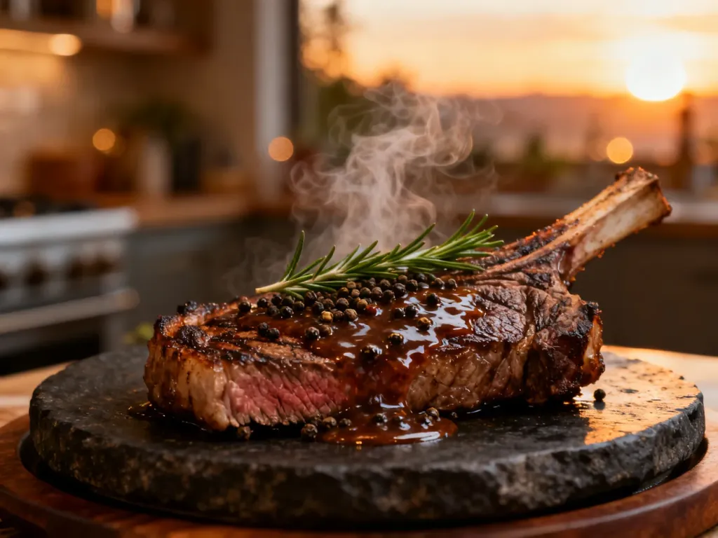 Soczysty stek ribeye z sosem pieprzowym i świeżym rozmarynem na kamiennym talerzu w przytulnej kuchni.