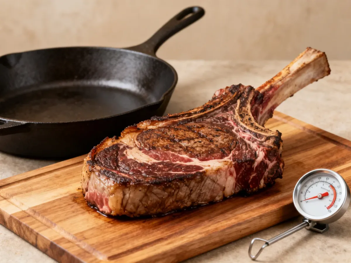 Ribeye steak odpoczywający po smażeniu obok żeliwnej patelni i termometru