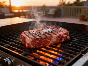 Soczysty stek z polędwicy wołowej medium-rare na drewnianej desce z rozmarynem i solą morską.