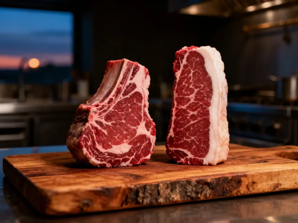 Surowe steki ribeye i striploin leżące obok siebie na drewnianej desce, prezentujące różnice w marmurkowatości mięsa.