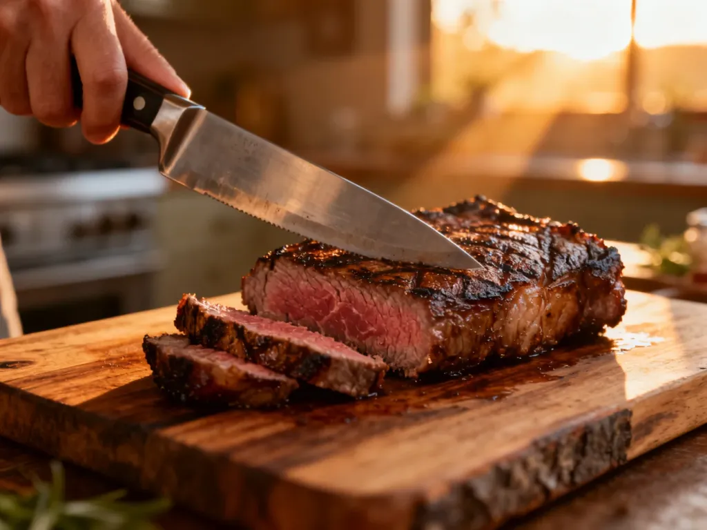 Soczysty stek typu medium-rare na drewnianej desce, przygotowany do krojenia w poprzek włókien ostrym nożem kuchennym.