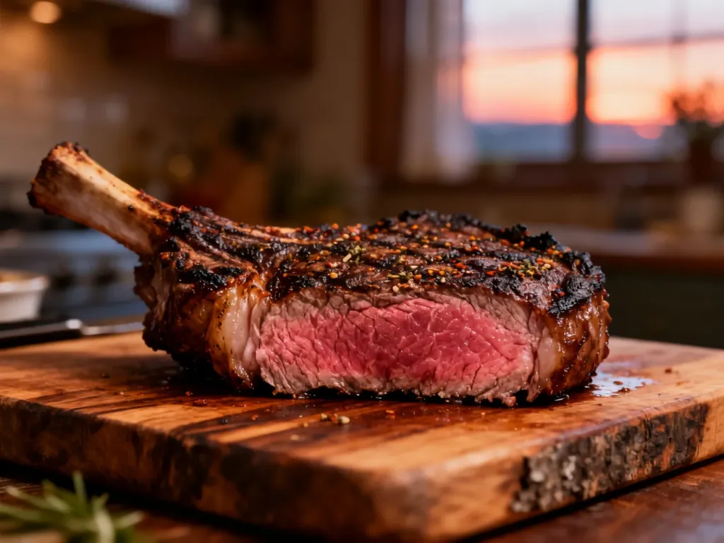 Soczysty stek ribeye o idealnym stopniu wysmażenia medium-rare, spoczywający na drewnianej desce do krojenia.