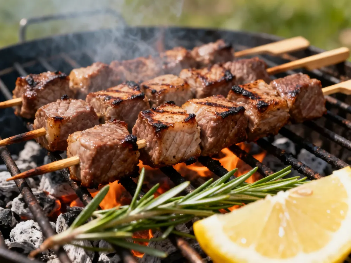 Szaszłyki z kawałkami jagnięciny na grillu