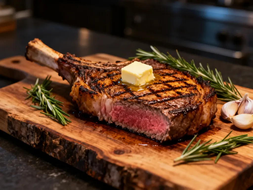 Idealnie wysmażony stek ribeye z rozmarynem, czosnkiem i masłem na drewnianej desce do krojenia.