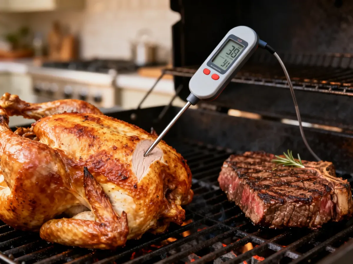 Sonda cyfrowego termometru sprawdzająca temperaturę pieczonego mięsa na grillu
