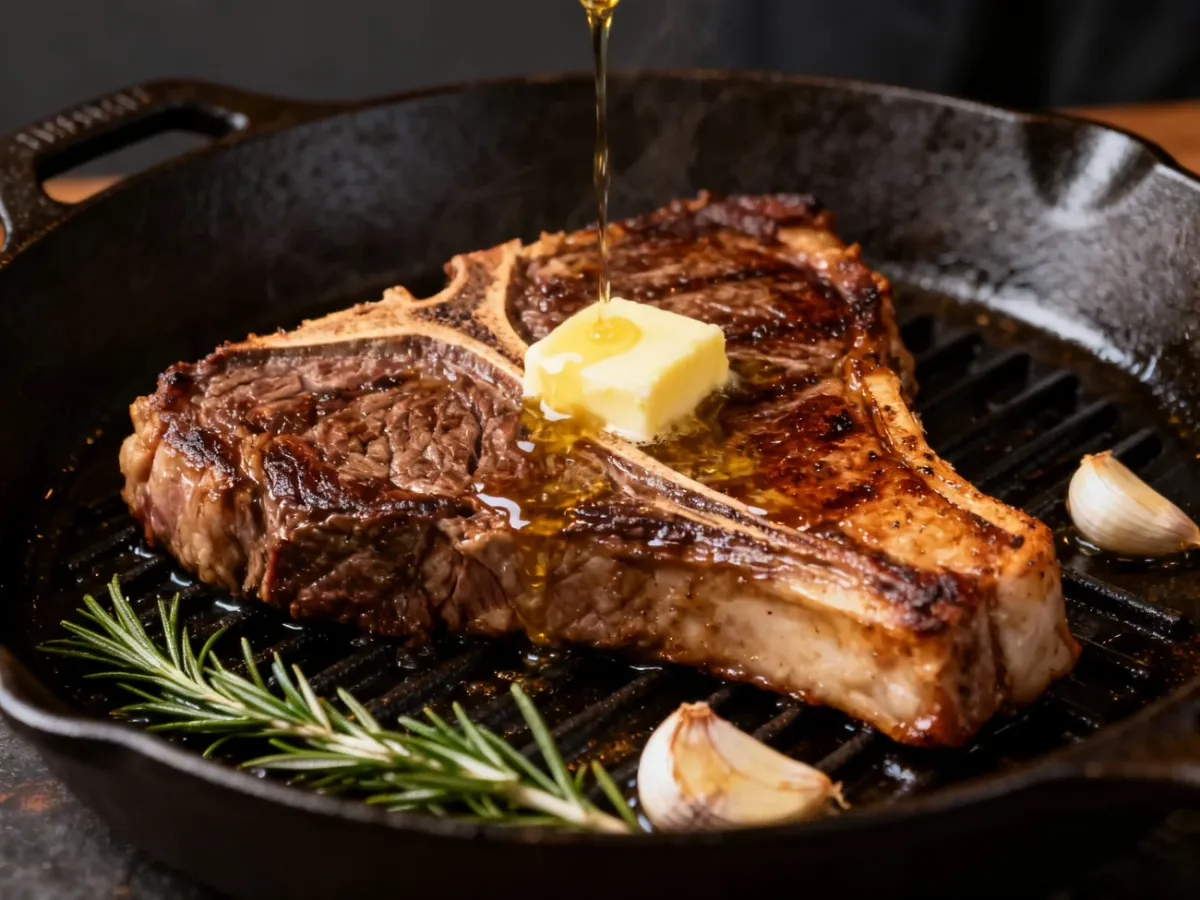 Soczysty stek T-bone smażony na patelni z masłem, czosnkiem i rozmarynem
