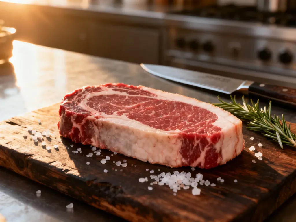 Surowy stek picanha z grubą warstwą tłuszczu, posypany solą morską na rustykalnej desce do krojenia.