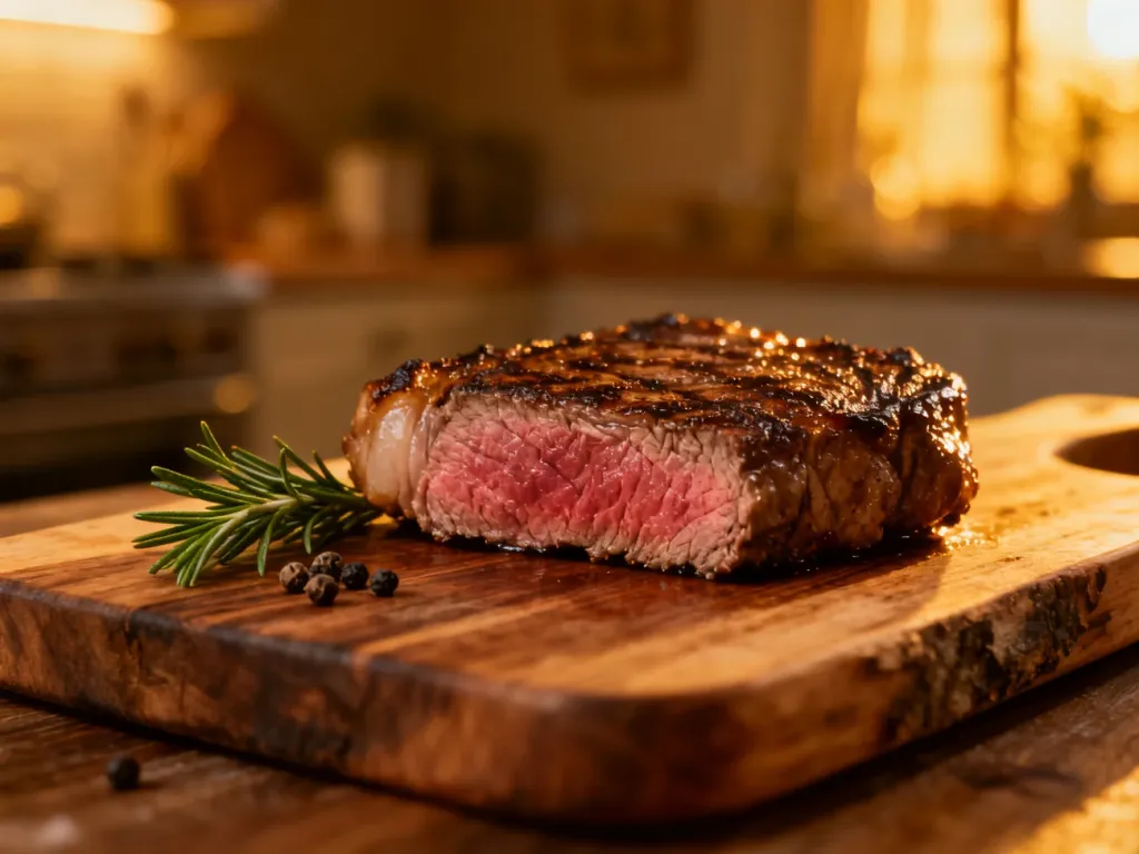 Soczysty stek medium-rare na drewnianej desce z rozmarynem i pieprzem, prezentujący idealny stopień wysmażenia mięsa.
