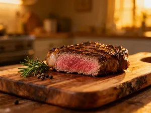 Soczysty stek T-bone z przyprawami na drewnianej desce, gotowy do podania.