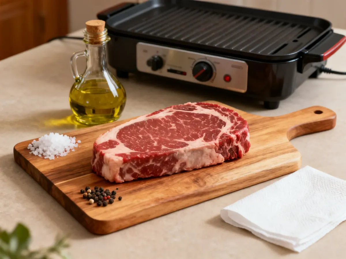 Gruby stek wołowy przygotowany do grillowania z oliwą i przyprawami