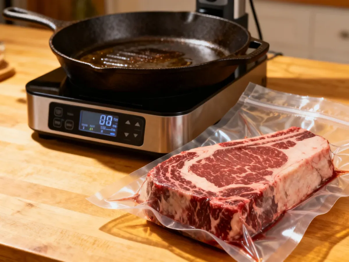 Stek z łopatki wołowej przygotowywany metodą sous vide obok patelni żeliwnej