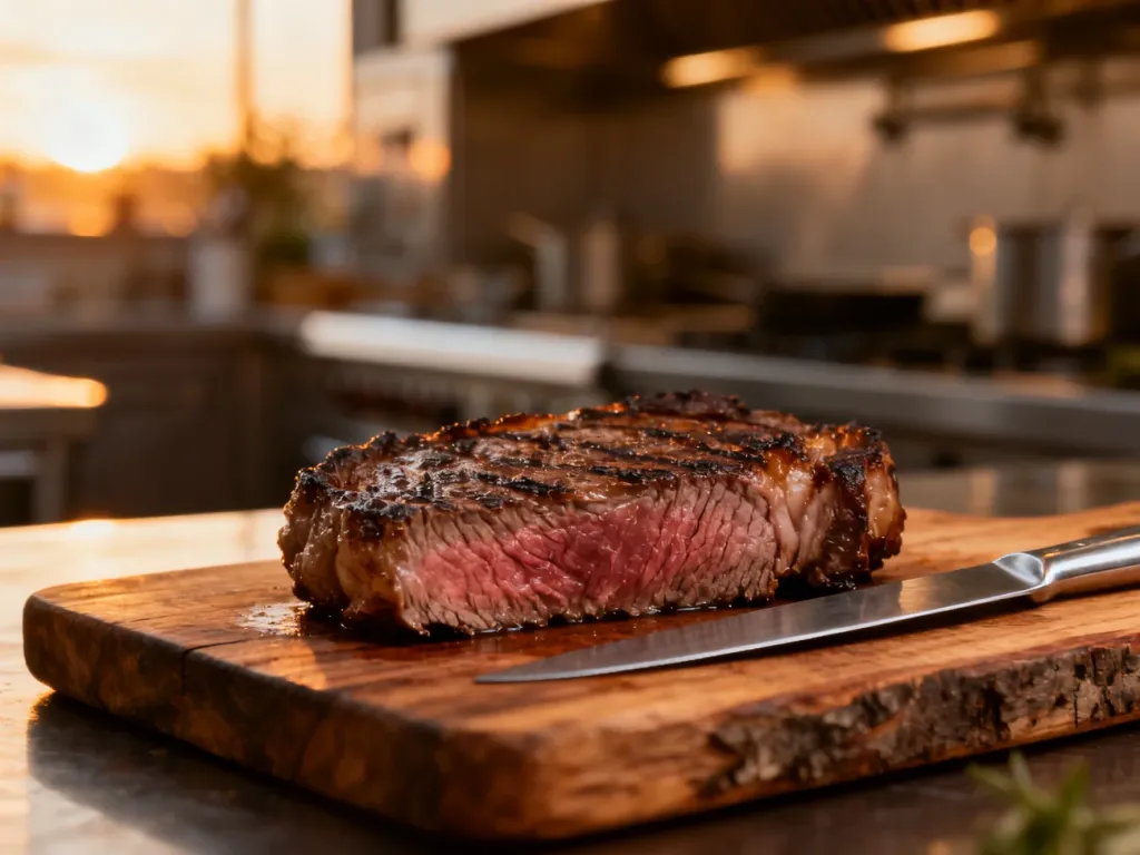 Soczysty stek medium-rare odpoczywający na drewnianej desce po smażeniu, obok leży nóż do krojenia mięsa.