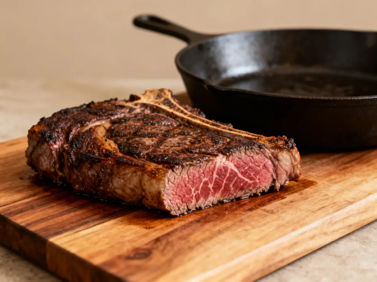 Soczysty stek medium rare odpoczywający obok żeliwnej patelni