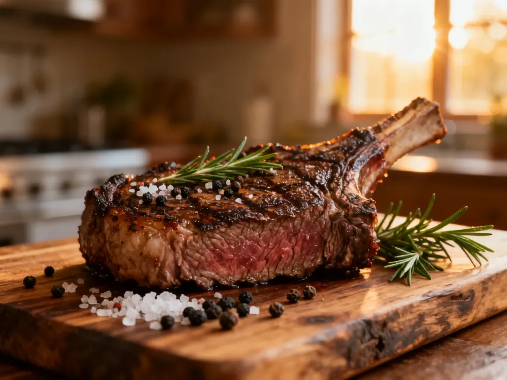 Soczysty stek ribeye z przyprawami i rozmarynem na drewnianej desce, gotowy do podania.