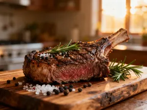 Soczysty stek ribeye z rozmarynem i masłem ziołowym na drewnianej desce, gotowy do podania.