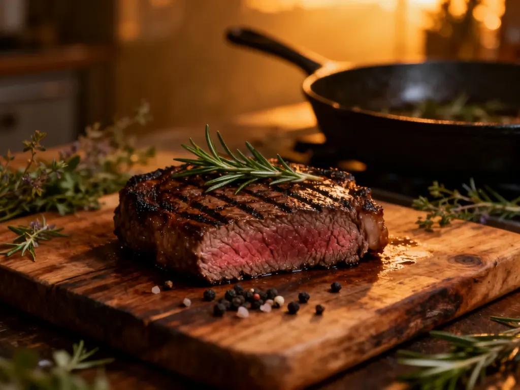 Soczysty stek z dziczyzny w stopniu wysmażenia medium-rare, podany z rozmarynem na rustykalnej desce.