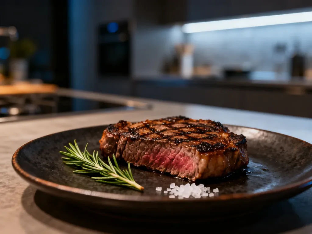 Idealnie wysmażony stek sous vide podany na ciemnym talerzu z rozmarynem i solą morską.
