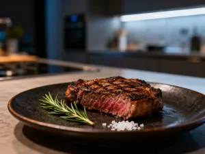 Soczysty stek ribeye z kremowym sosem pieprzowym i rozmarynem na rustykalnym talerzu.