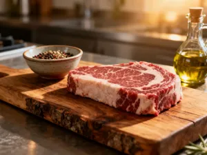 Soczysty stek wołowy medium-rare na drewnianej desce, otoczony świeżym rozmarynem i czosnkiem w promieniach porannego słońca.