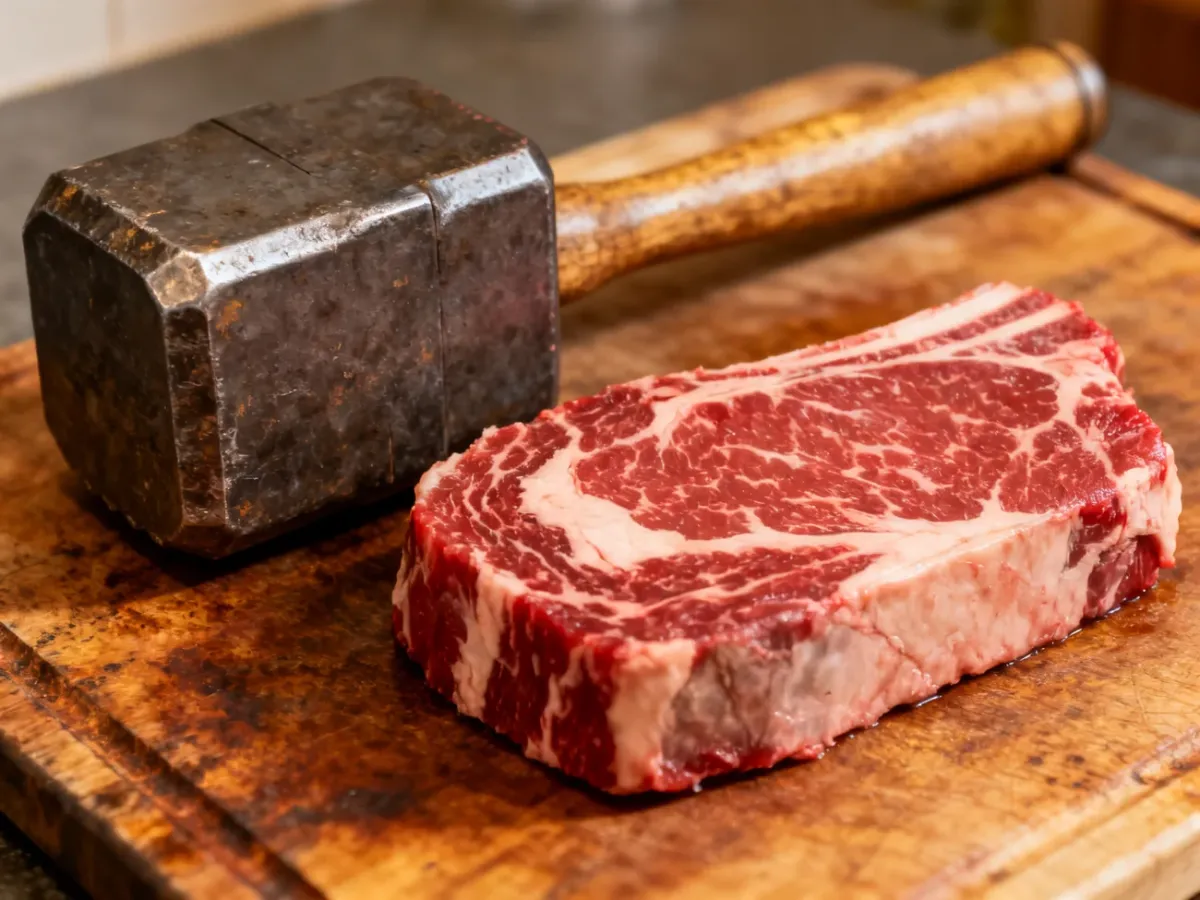 Marmurkowany stek ribeye obok tłuczka do mięsa na desce kuchennej