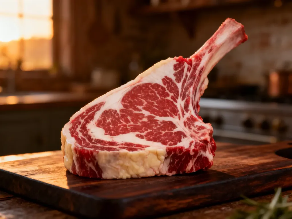 Surowy stek ribeye z wyraźną marmurkowatością tłuszczu na drewnianej desce, podkreślający wysoką jakość mięsa.