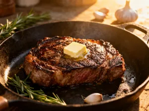 Soczysty stek z wyraźnymi śladami grillowania na żeliwnej patelni, otoczony świeżym rozmarynem i solą.