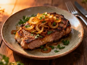 Soczysty stek ribeye o idealnym stopniu wysmażenia medium rare na drewnianej desce.
