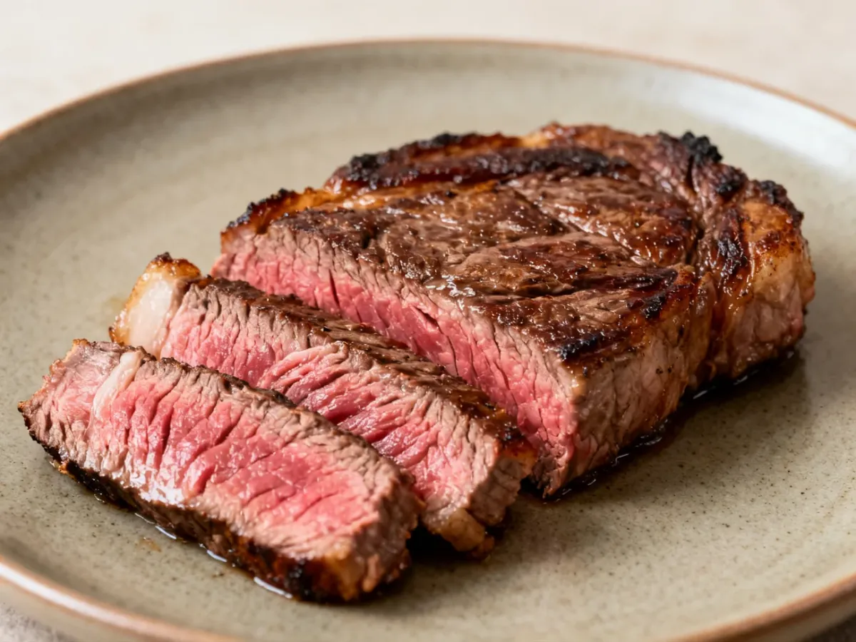 Przekrojony stek medium rare z różowym, soczystym środkiem