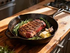 Soczysty stek wołowy medium-rare na drewnianej desce z rozmarynem i pieprzem w przytulnej kuchni.