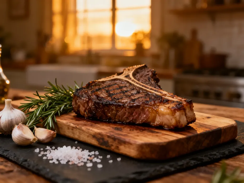 Soczysty stek T-bone na drewnianej desce z rozmarynem i czosnkiem, przygotowany w profesjonalnym stylu kulinarnym.