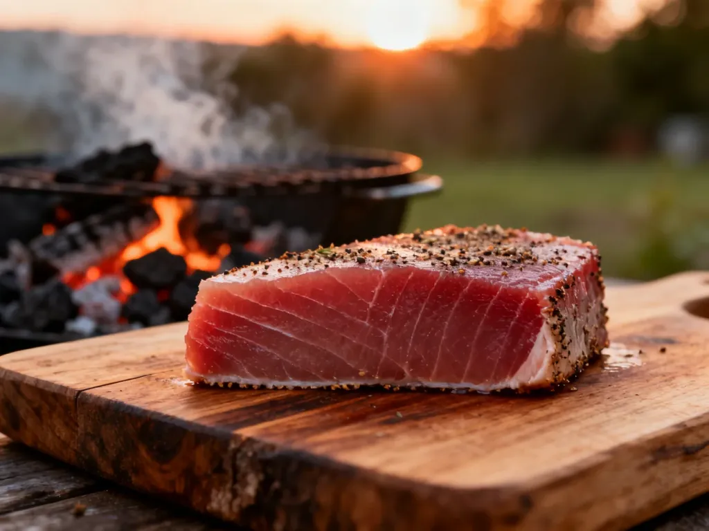 Surowy stek z tuńczyka przyprawiony ziołami na drewnianej desce, przygotowany do grillowania w plenerze.