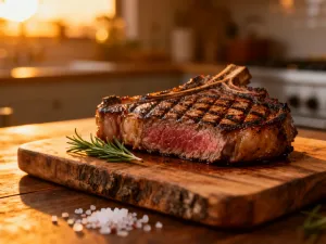 Soczysty stek wołowy medium-rare z rozmarynem i solą morską, podany na rustykalnej desce w klimatycznym wnętrzu restauracji.