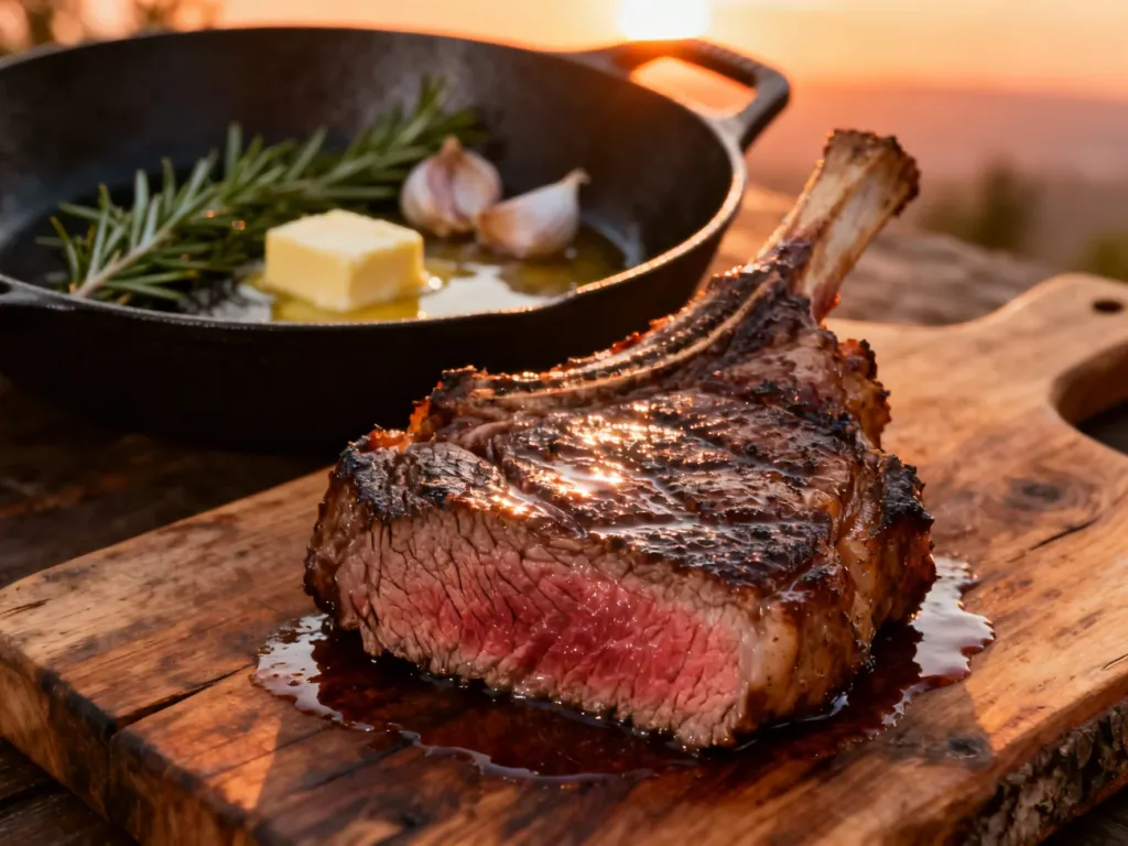 Soczysty stek ribeye o idealnym stopniu wysmażenia medium-rare, spoczywający na drewnianej desce.